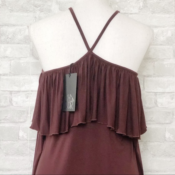 NWT CHASER Brown Off the Shoulder w/ V-Halter Neckline Long Sleeve Mini Dress M - Picture 9 of 13